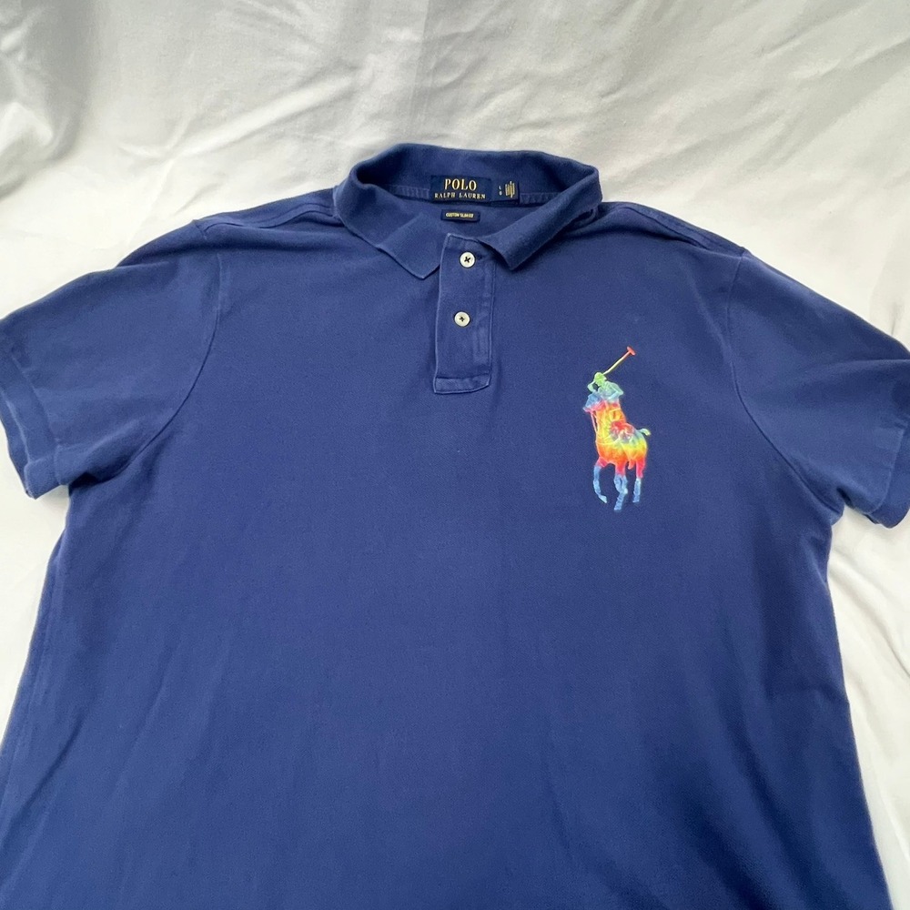 Polo Ralph Lauren Mens Navy Blue Rainbow Big Pony Slim Fit Polo Shirt L College